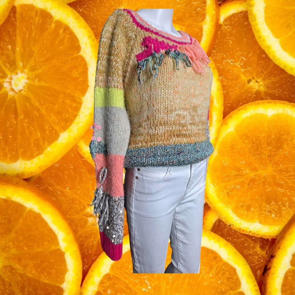 Anthropologie Colorful Knit Sweater Fringe Embellished‎ Pullover Top Size M